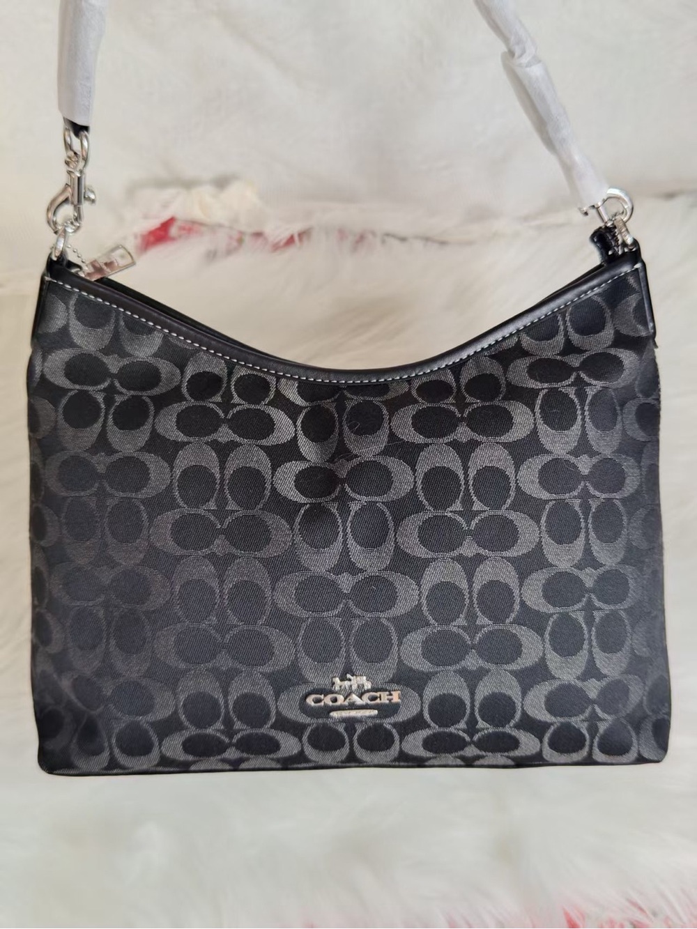 👀Coach Black Signature Jacquard Shoulder Bag with Silver Hardware
